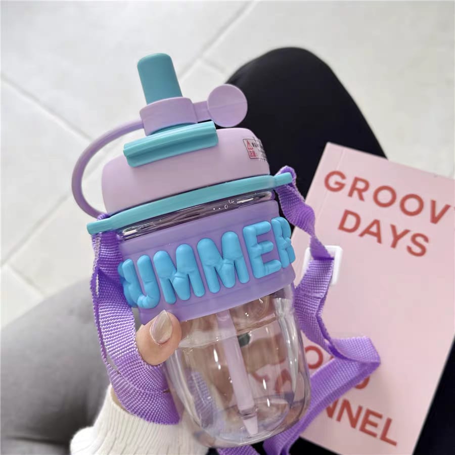 Kids Summer Theme Water Bottle with Strap Straw Letter Design