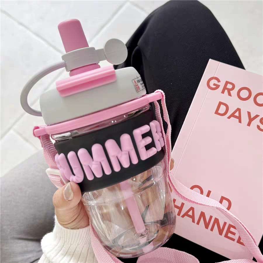 Kids Summer Theme Water Bottle with Strap Straw Letter Design