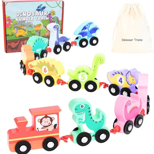 Wooden Dinosaur Number Train Set -11 PCS Includes an Engine, Montessori Toy Train (Deal)