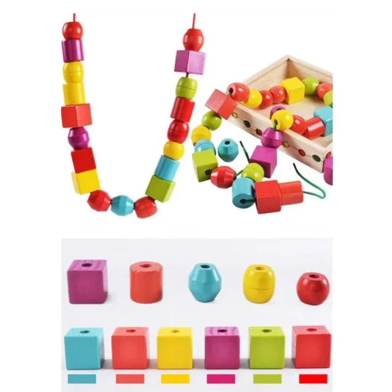 Shape Building Blocks Wearing Rope Beaded Box Wooden Toys Childhood Education Cognitive lacing beads wooden
