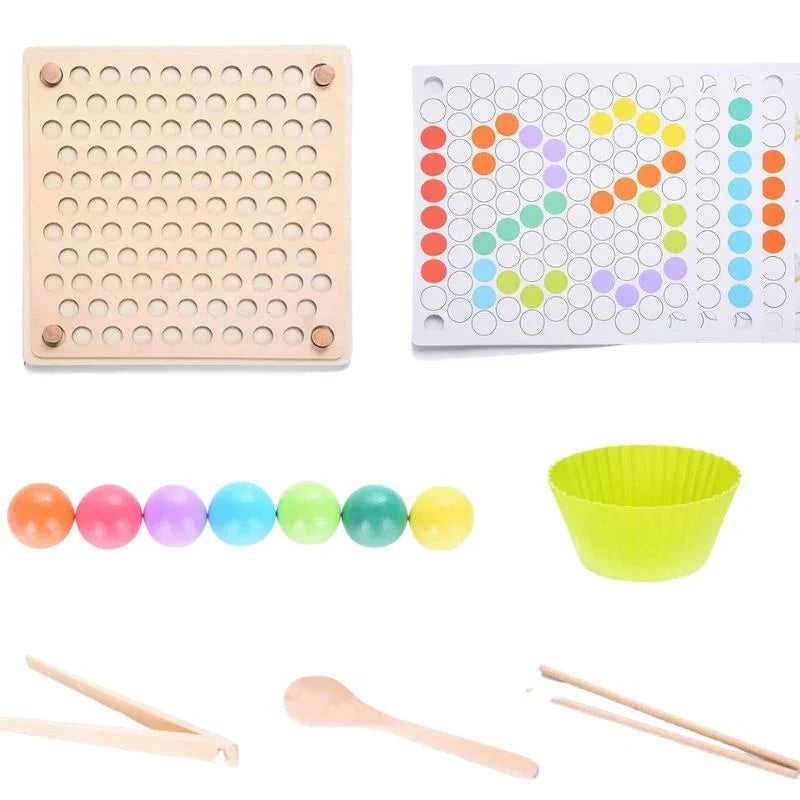 Wood Cut Beads Game Puzzle Board, Wood Cut Beads Board Game, Montessori Educational Wooden Toy, Wood Cut Beads Rainbow Toy for Kids