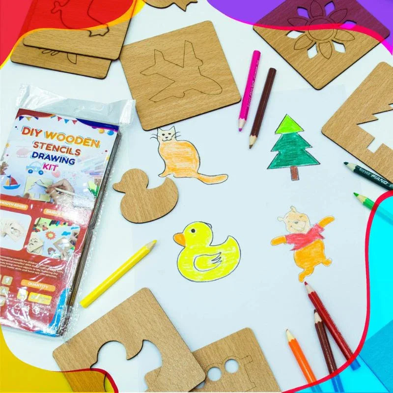 Creative Kids' DIY Wooden Stencil Drawing Set 12 Fun Designs