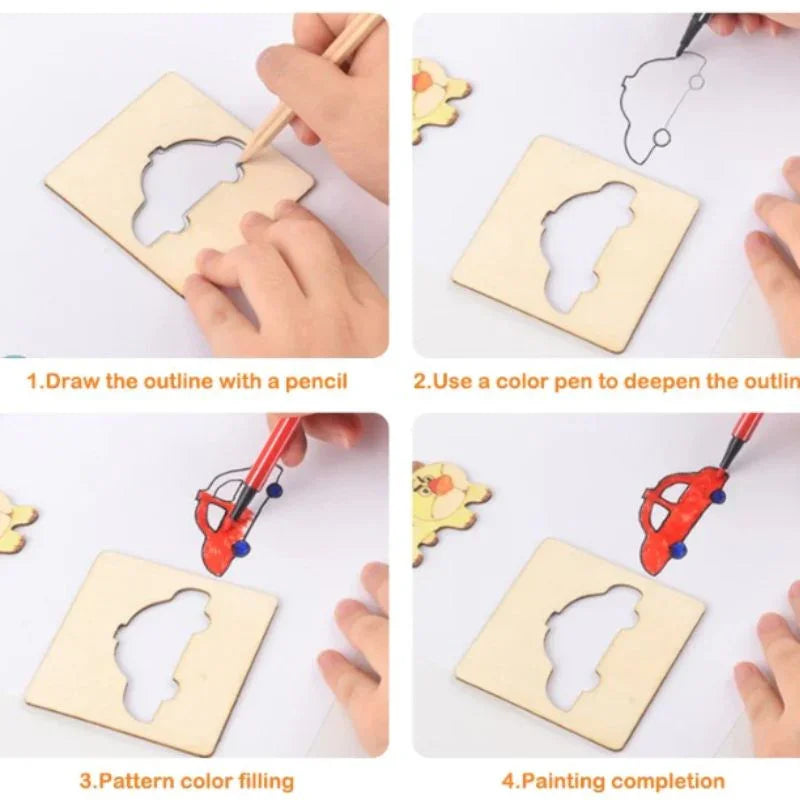 Creative Kids' DIY Wooden Stencil Drawing Set 12 Fun Designs