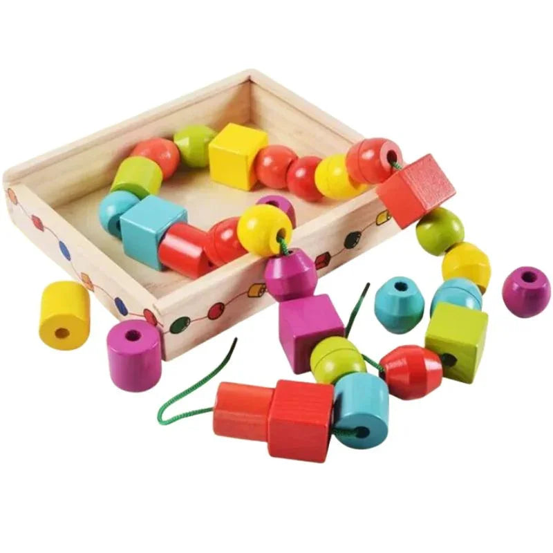 Shape Building Blocks Wearing Rope Beaded Box Wooden Toys Childhood Education Cognitive lacing beads wooden