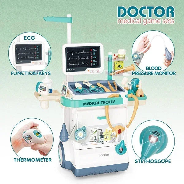 Kids Doctor Clinic Trolley Set with Medical Station, Hospital Accessories, Lights and Sounds - Pretend Play Fun