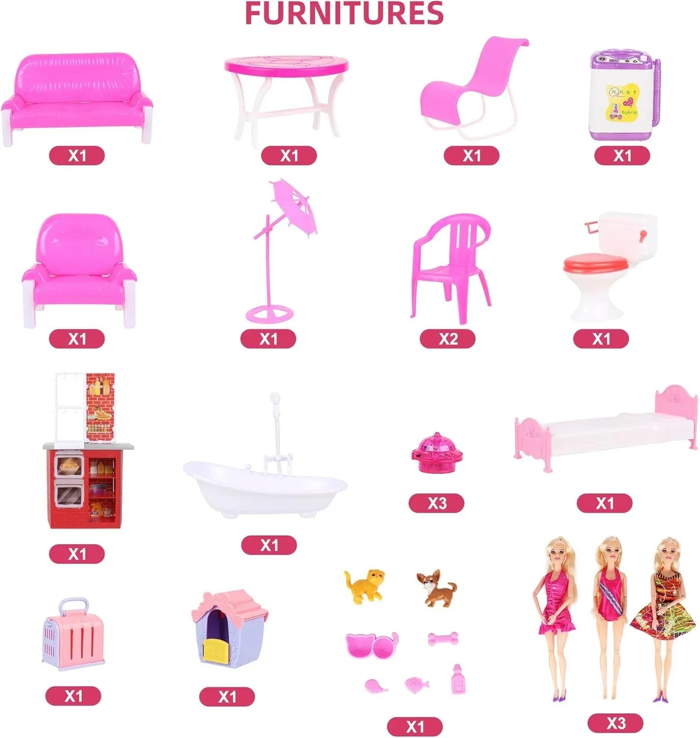 Large 3 Story Plastic Dollhouse Playhouse for Girls
