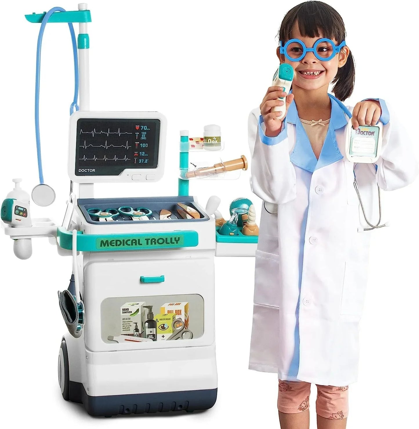 Kids Doctor Clinic Trolley Set with Medical Station, Hospital Accessories, Lights and Sounds - Pretend Play Fun