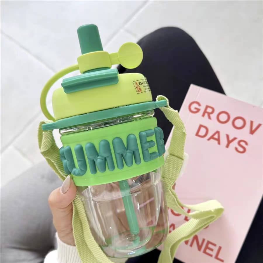 Kids Summer Theme Water Bottle with Strap Straw Letter Design