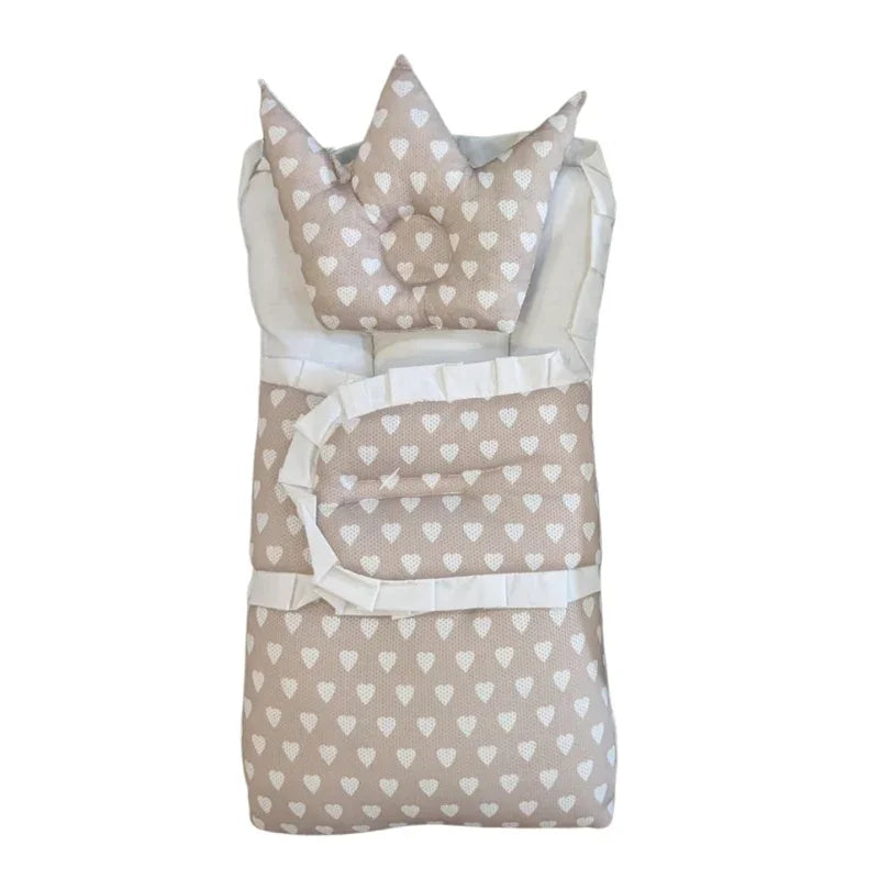 Heart Printed Baby Nest Set with Crown Pillow