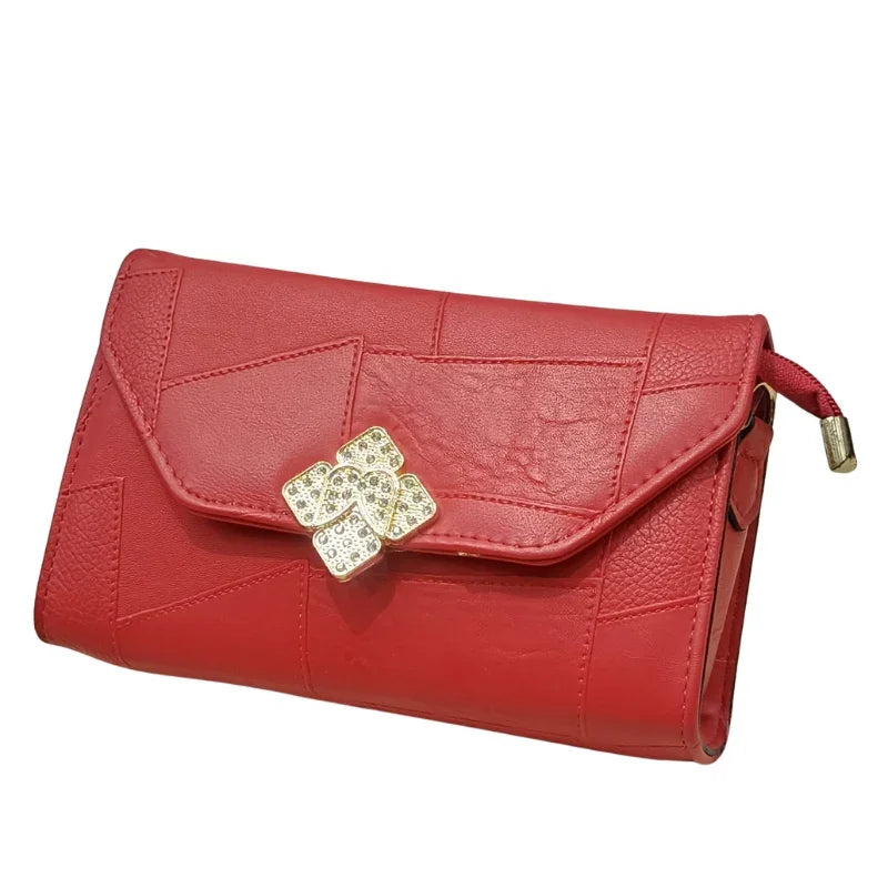 Stylish Red Ladies Clutch Elegant Handbag with Gold Crystal Flower Lock