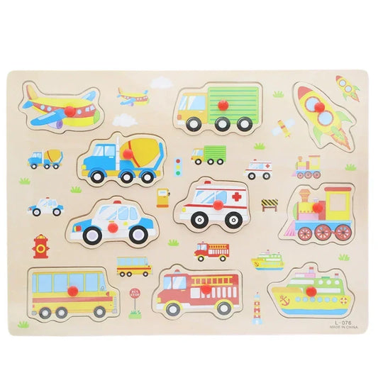 Wooden Vehicle Puzzle Board for Kids Transport Learning Toy with Easy Grip Knobs