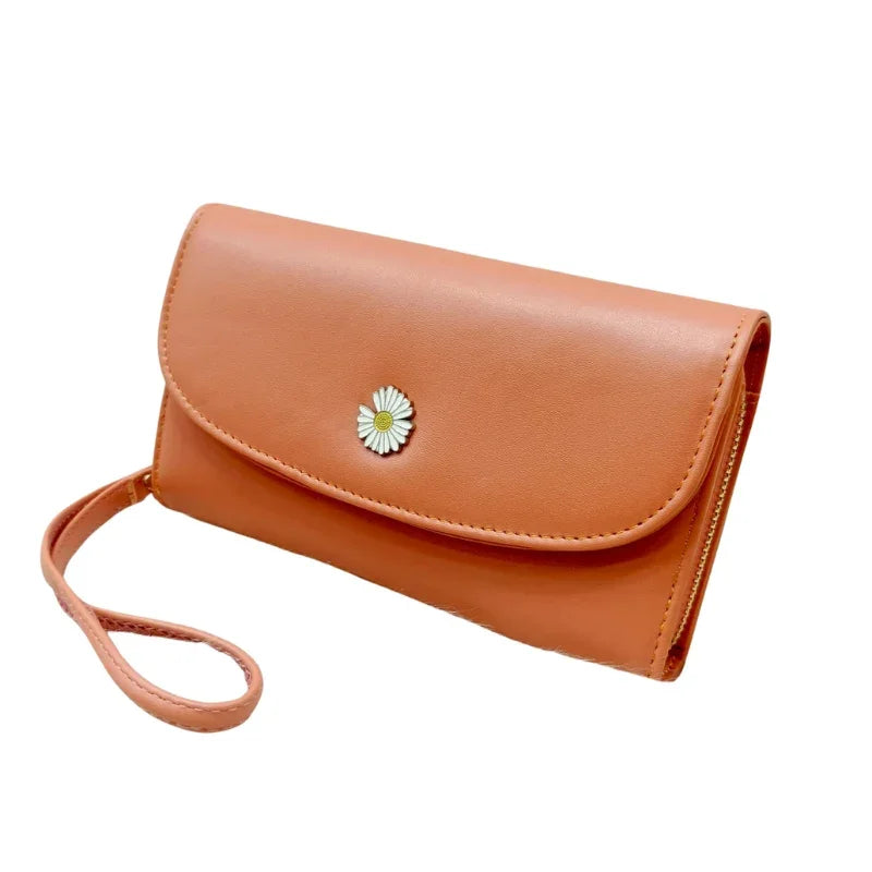 Elegant Floral Clutch Wallet for Women  Soft PU Leather Daisy Charm Wrist Strap