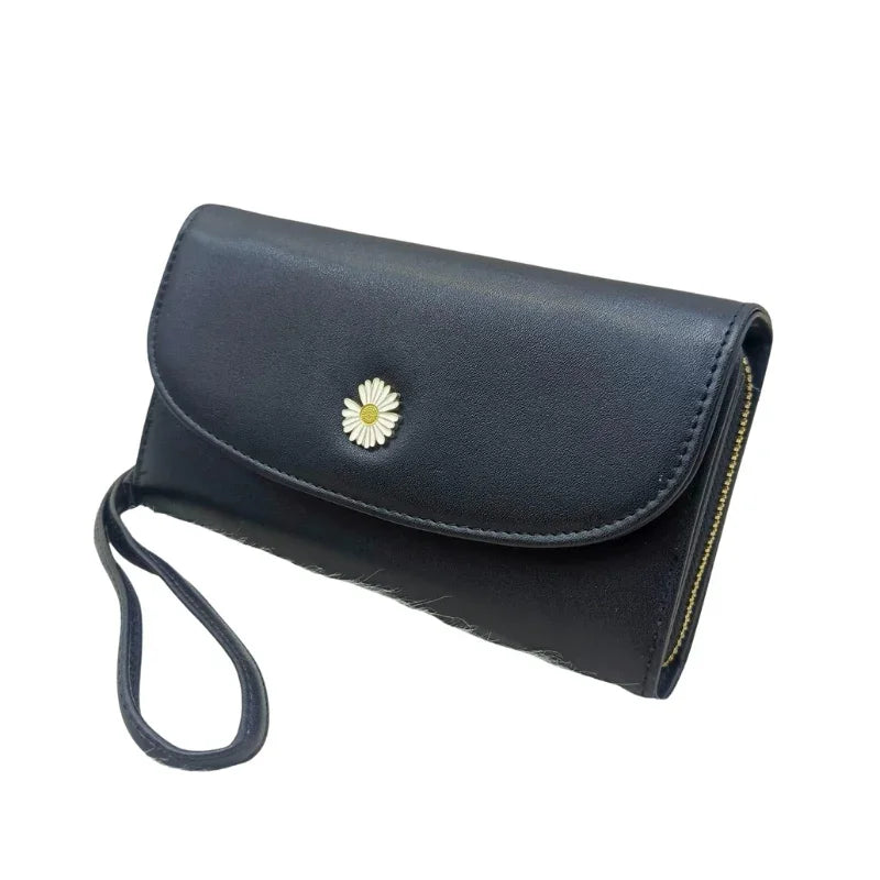 Elegant Floral Clutch Wallet for Women  Soft PU Leather Daisy Charm Wrist Strap