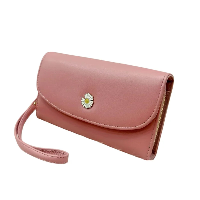 Elegant Floral Clutch Wallet for Women Soft PU Leather Daisy Charm Wrist Strap