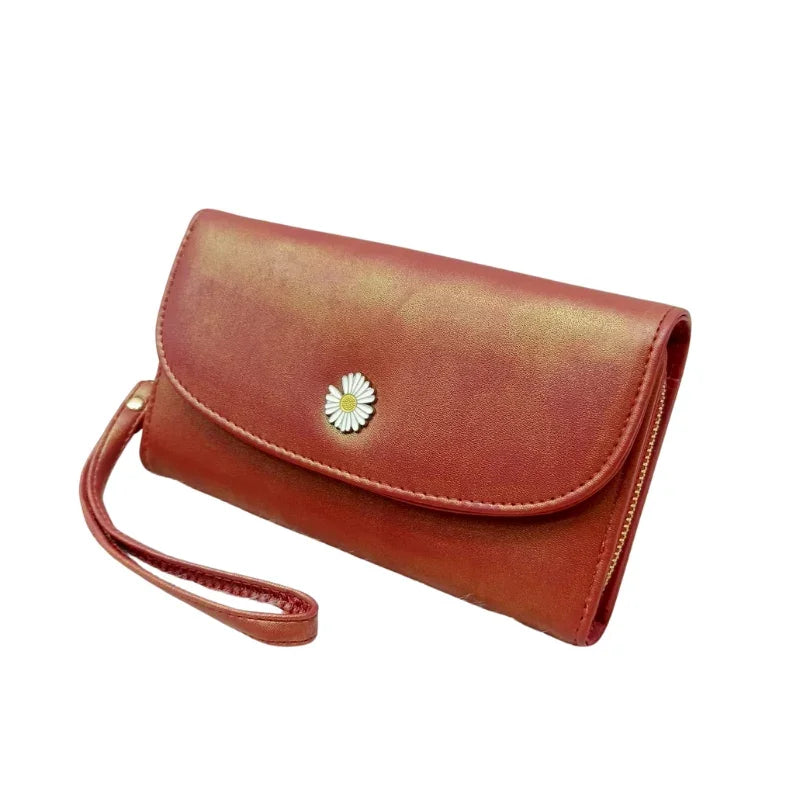 Elegant Floral Clutch Wallet for Women  Soft PU Leather Daisy Charm Wrist Strap