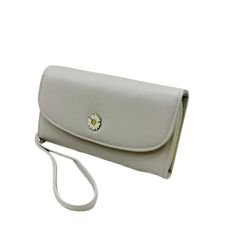 Elegant Floral Clutch Wallet for Women  Soft PU Leather Daisy Charm Wrist Strap
