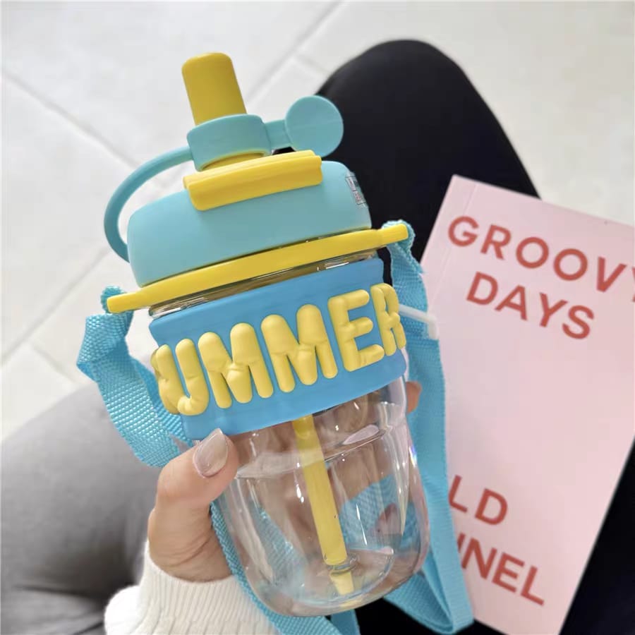 Kids Summer Theme Water Bottle with Strap Straw Letter Design