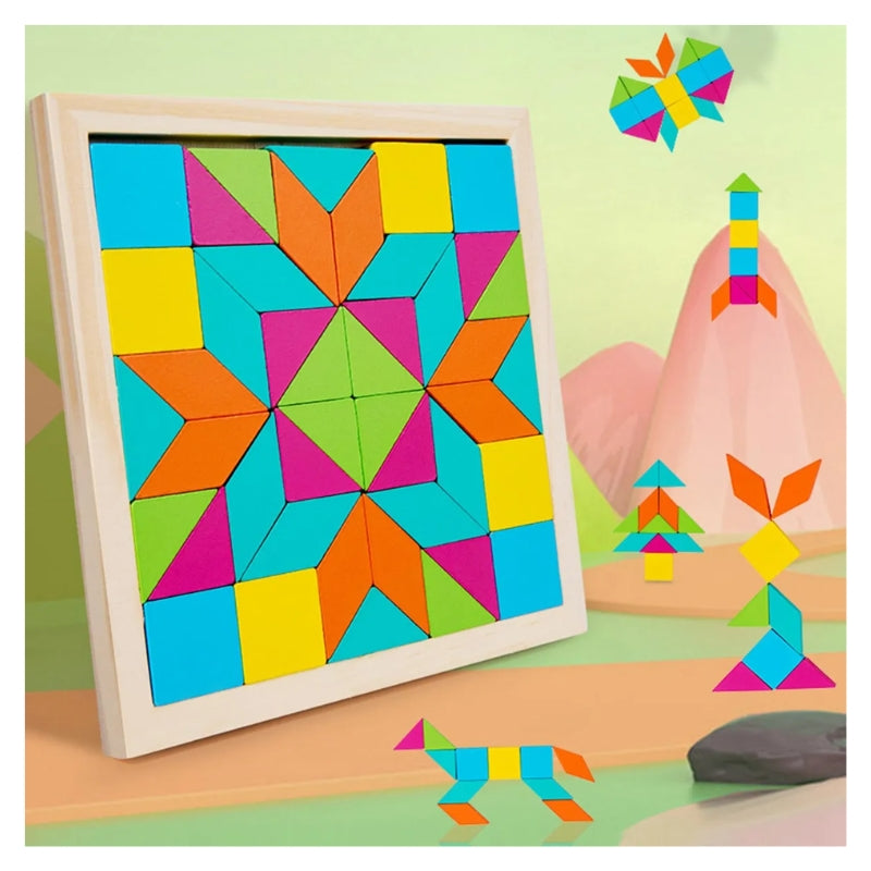 Wooden Geometric Pattern Blocks Puzzle – Colorful Tangram Jigsaw for Kids | Deal