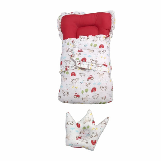 Royal Doll Sleeping Bag Set - Quilted Swaddle with Crown Pillow (Whale & Farm Prints)