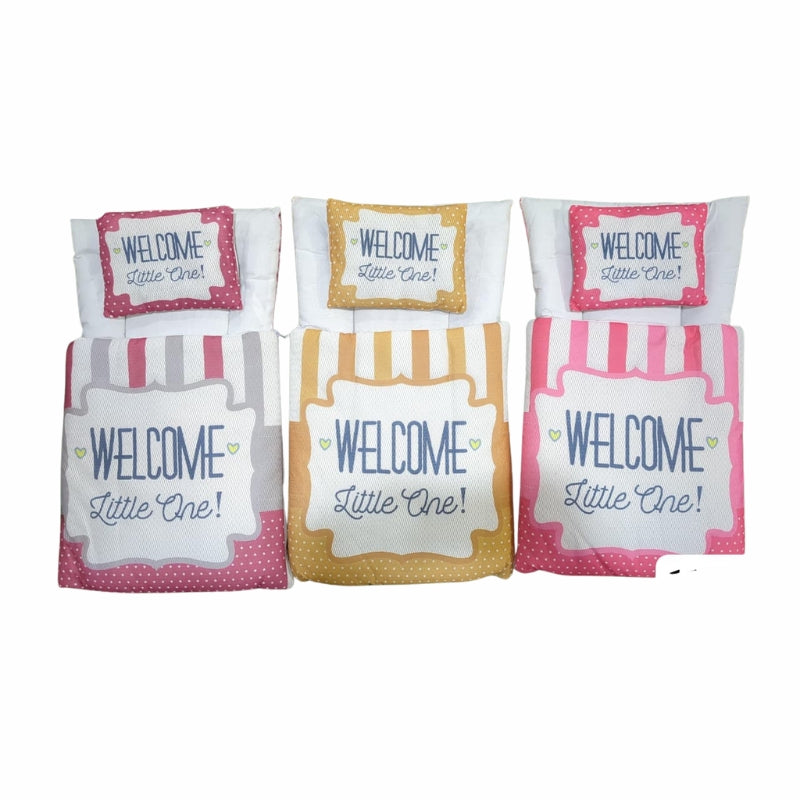 "Welcome Little One" Quilted Doll Sleeping Bag Set - Baby Doll Bedding with Pillow