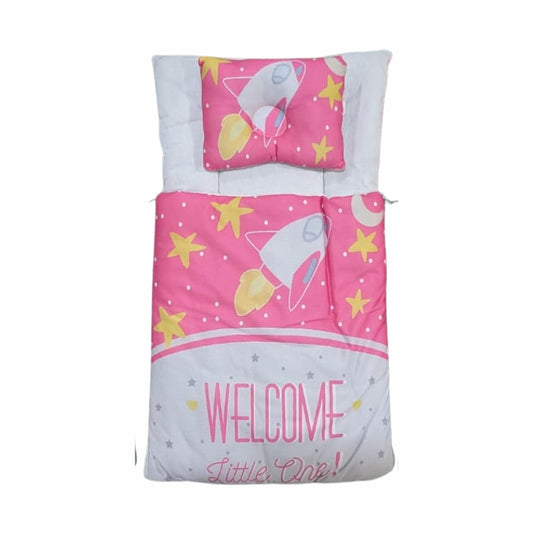 "Welcome Little One" Space Rocket Quilted Doll Sleeping Bag Set with Pillow