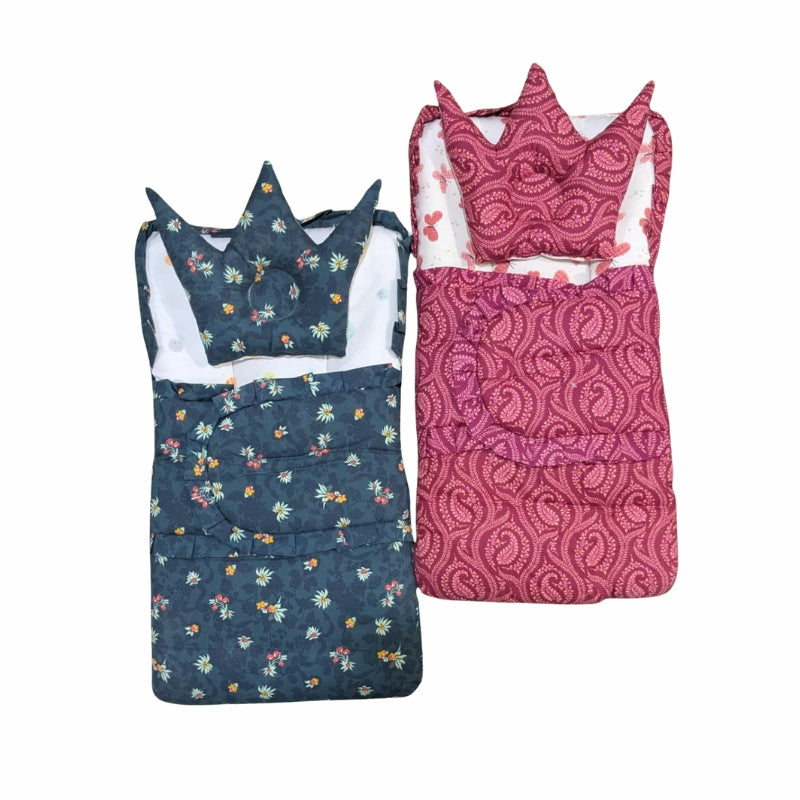 Royal Crown Quilted Doll Sleeping Bag Set - Floral & Paisley Print with Crown Pillow