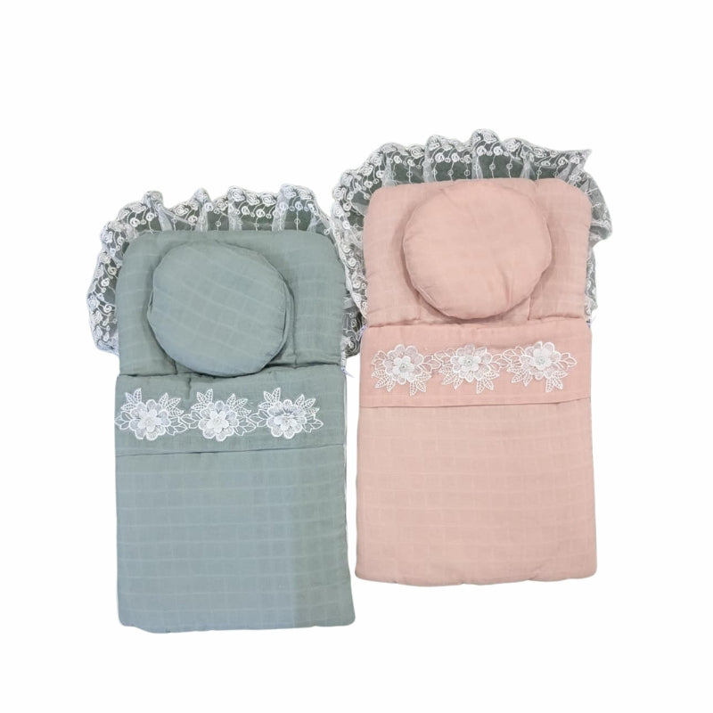 Elegant Muslin Quilted Doll Sleeping Bag Set - Lace Trim, Floral Appliqué & Round Pillow