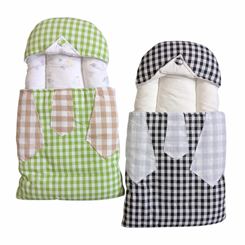 Kidzo Gingham Plaid Doll Sleeping Bag - Quilted Swaddle with Vest and Tie Accents