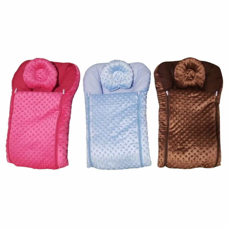 Minky Dot Zipper Doll Sleeping Bag - Plush Swaddle with Rosette Pillow