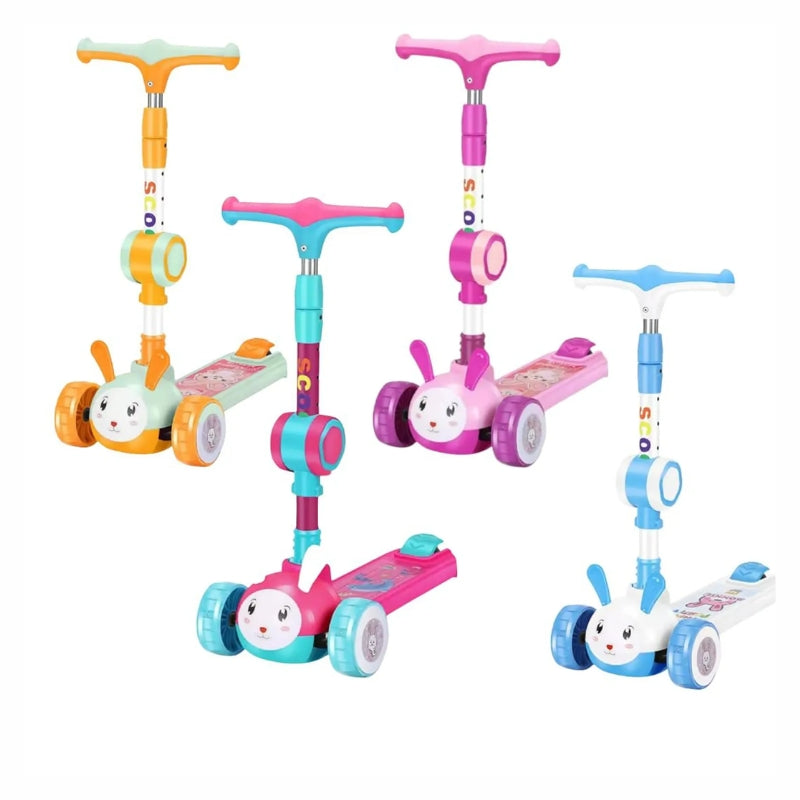 Kids 3-Wheel Scooter - Adjustable Handlebar, LED Wheels, Bunny Face Design