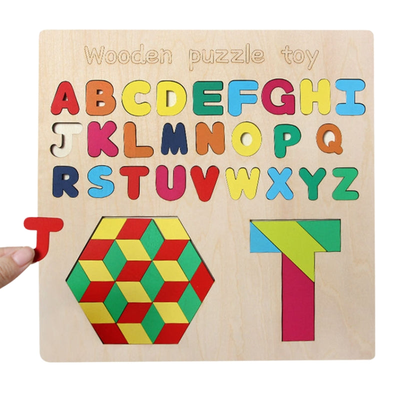 Educational Wooden Alphabet ABC Puzzle and Tangram Geometric Shape Board for Early Learning