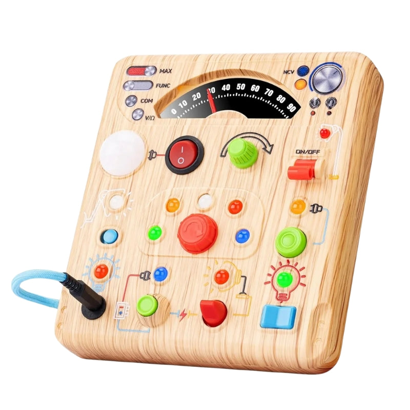 Montessori Wooden Busy Board with LED Lights and Interactive Switches for Toddlers