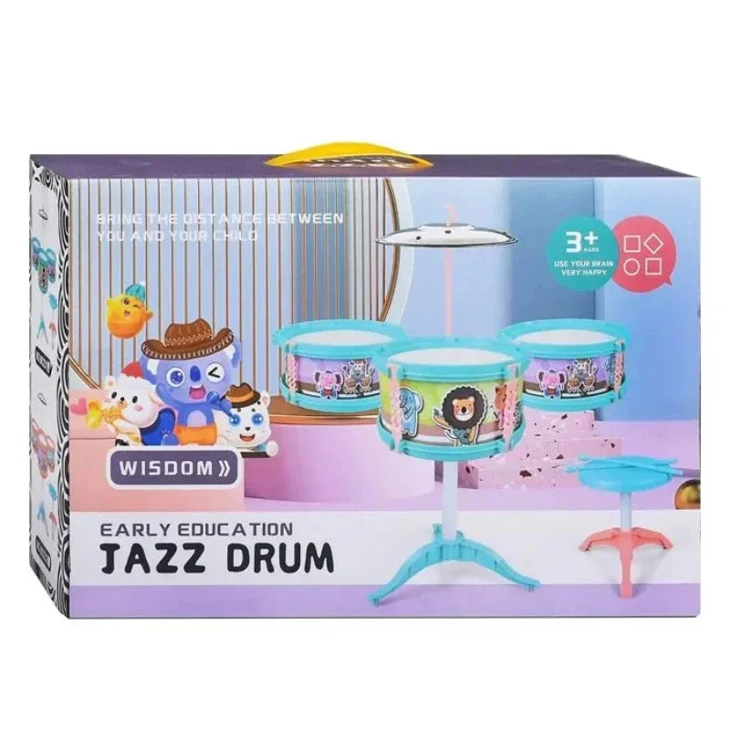 Children's Creativity Jazz Drum Kit Play Set With 4 Music Card & Stool