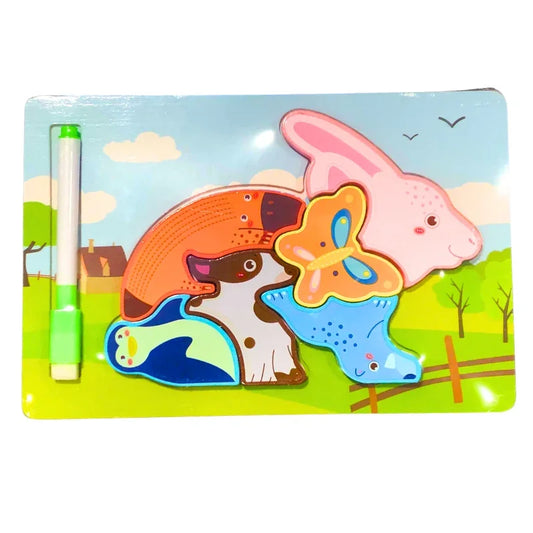Wooden Animal Puzzle with Drawing Board – Fun & Educational Toy for Kids