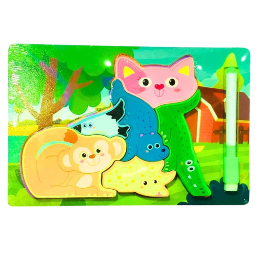 Colorful Wooden Cat, Monkey, Crocodile & More Animal Puzzle with Drawing Board – Learn & Play Fun