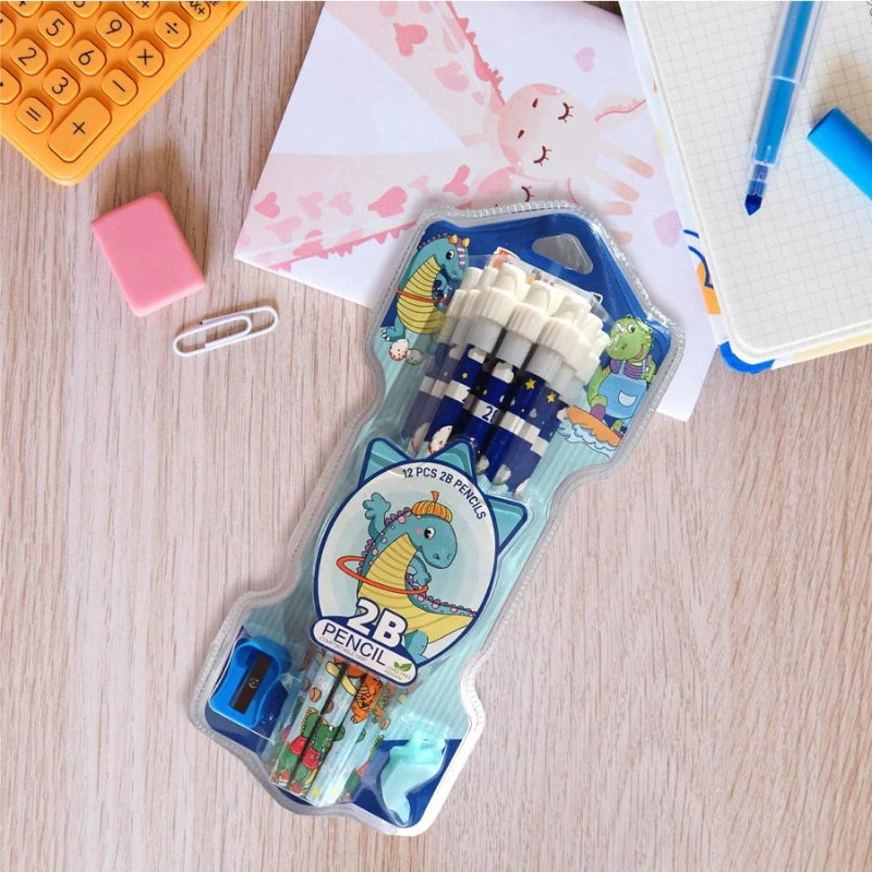 Dino 2B Pencil Set With Attached Eraser And Sharpener - 12 Pcs