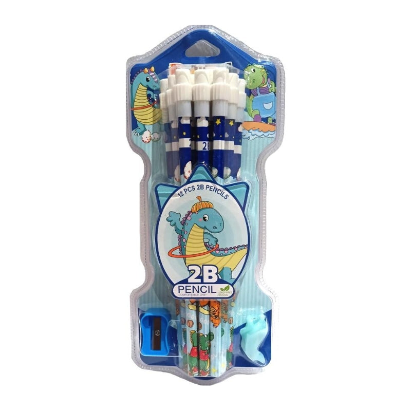 Dino 2B Pencil Set With Attached Eraser And Sharpener - 12 Pcs