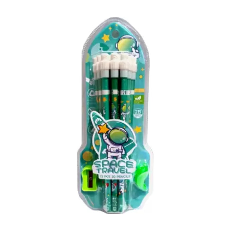 Space Travel 2B Pencil Set With Attached Eraser And Sharpener - 12 Pcs
