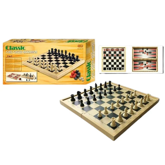 Open board game set showing chess and checkers playing surface