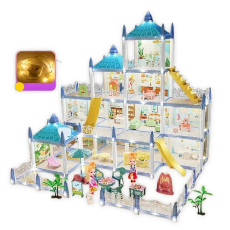 Luxury DIY Dollhouse Castle Playset with Lights, Slide & Furniture – Multilevel Dream House for Kids