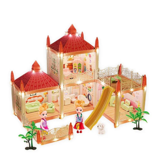 Luxury DIY Dollhouse Castle Playset with Lights, Slide & Furniture – Multilevel Dream House for Kids