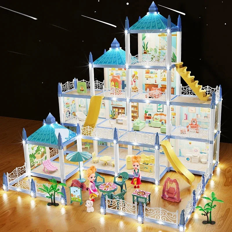 Luxury DIY Dollhouse Castle Playset with Lights, Slide & Furniture – Multilevel Dream House for Kids