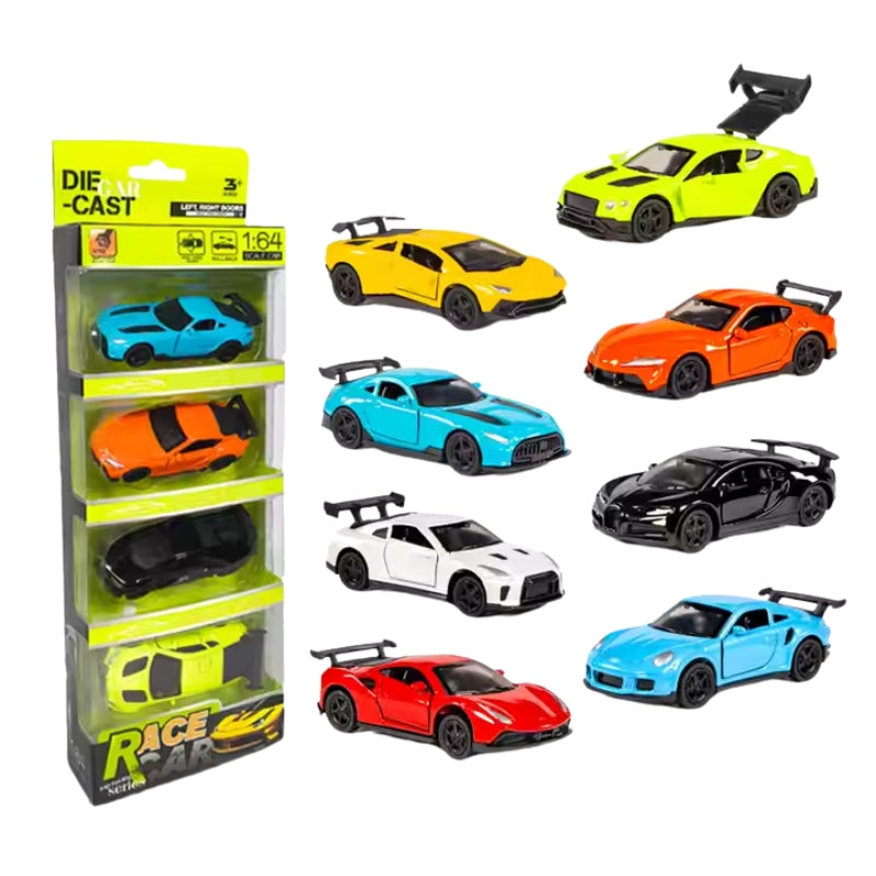 Die-Cast Car Pack of 4 – 1:64 Scale 3-Door Sports Cars for Kids & Collectors (Push-Along, Assorted Colors)