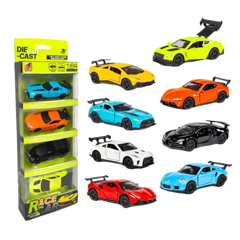 Die-Cast Car Pack of 4 – 1:64 Scale 3-Door Sports Cars for Kids & Collectors (Push-Along, Assorted Colors)