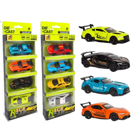 Die-Cast Car Pack of 4 – 1:64 Scale 3-Door Sports Cars for Kids & Collectors (Push-Along, Assorted Colors)