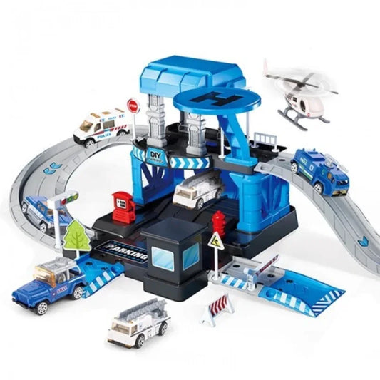 Deluxe City Rescue Police Station Playset with Track, Helicopter & Vehicles – Kids Action Toy Set