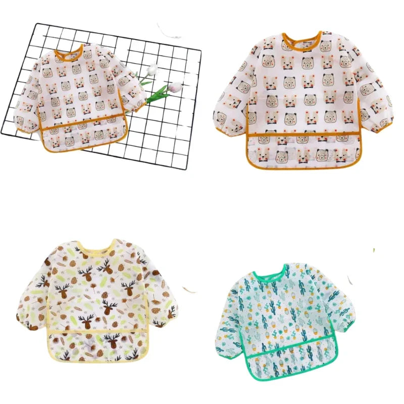 Waterproof Sleeve Feeding Bib for Girls Brown Bear Design