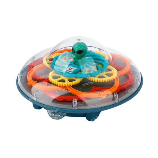 Electric Transparent Gear UFO Toy – Sound, Light & Universal Movement for Kids