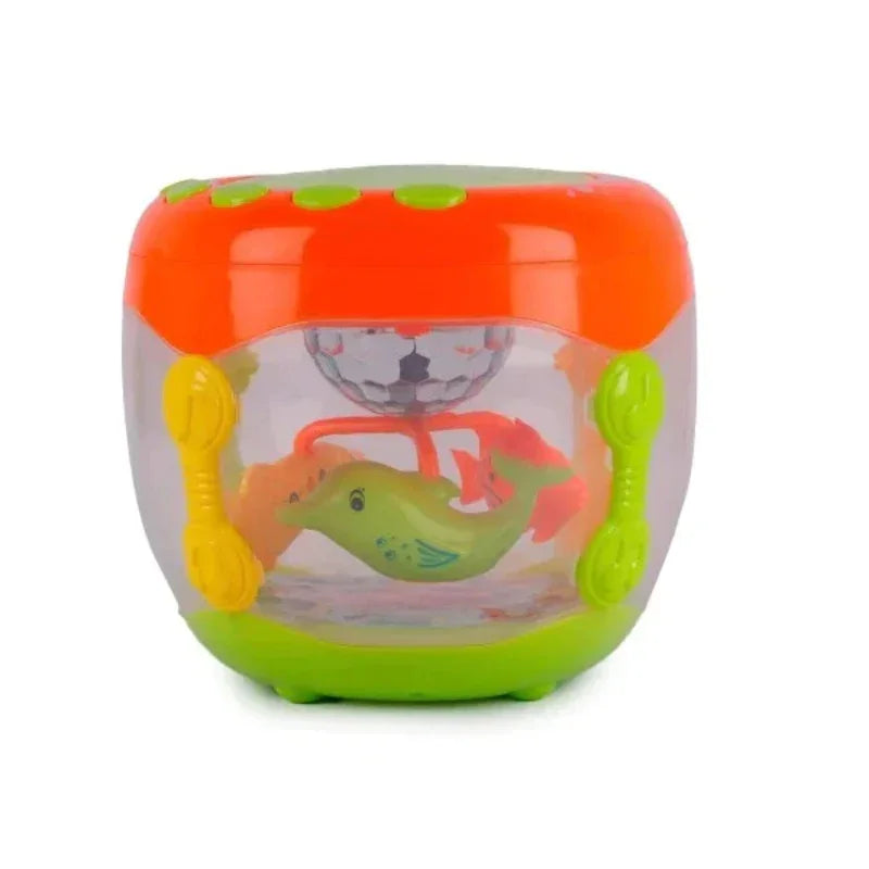 kids touch drum with fish bowl projection