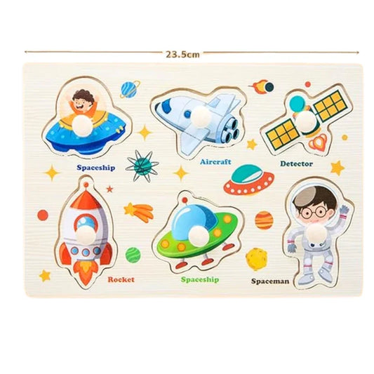 Wooden Space Adventure Peg Puzzle: Explore Rockets and Spaceships